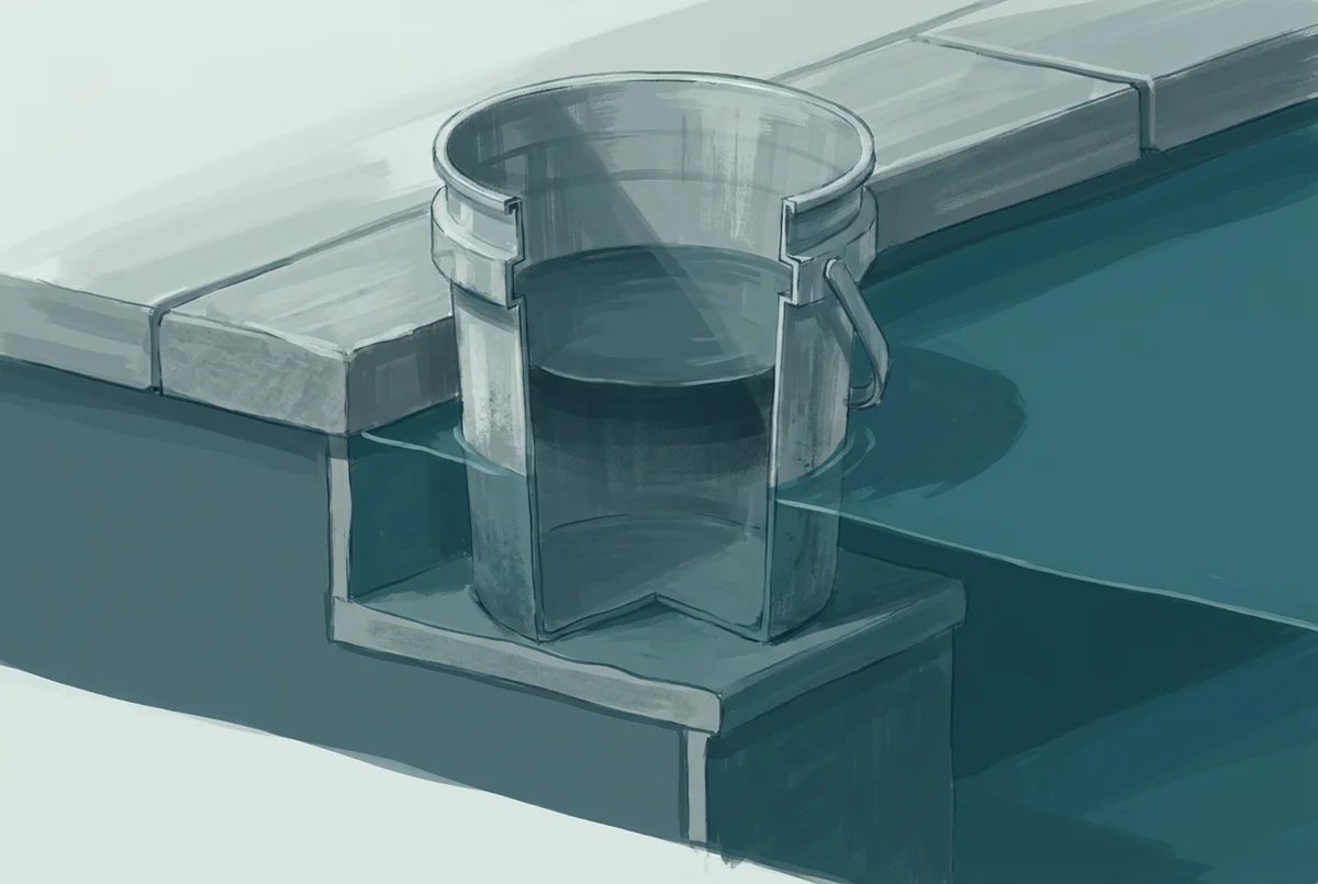 Illustration of a plastic bucket resting on a pool's coping step, showing a marked waterline inside the bucket level with the pool's own waterline beside it