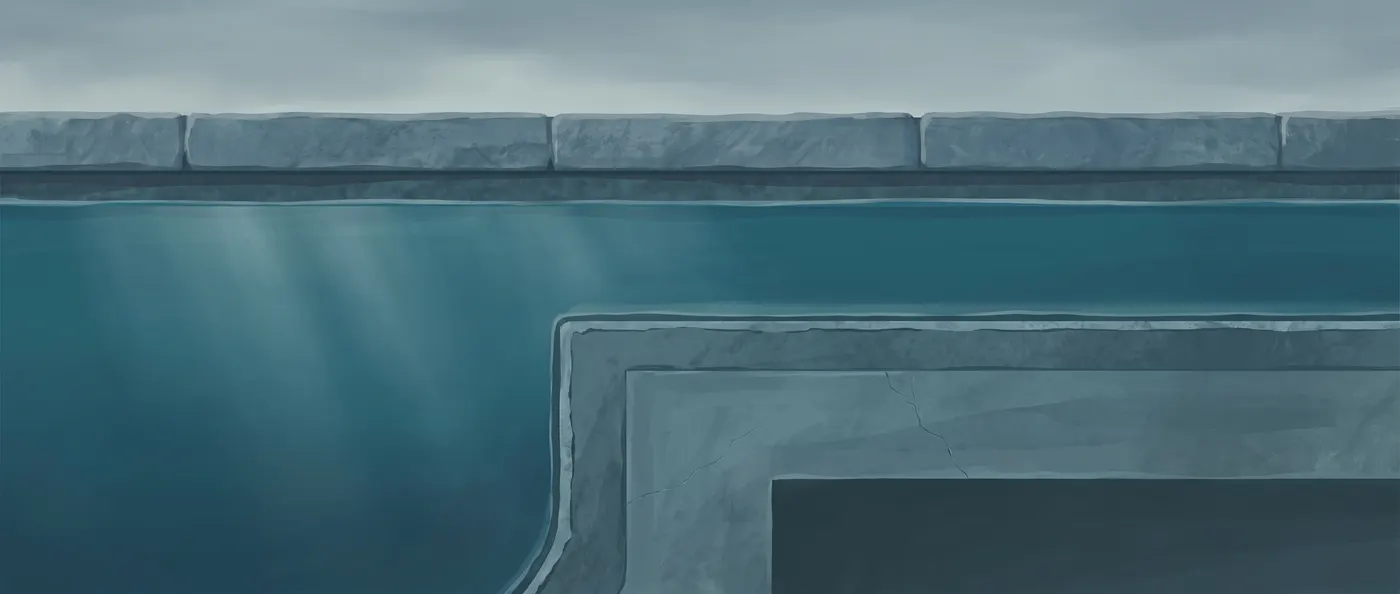 Illustrated cross-section of an in-ground pool showing the sky above, a stone coping edge, the waterline, and a submerged pool wall with a faint hairline crack